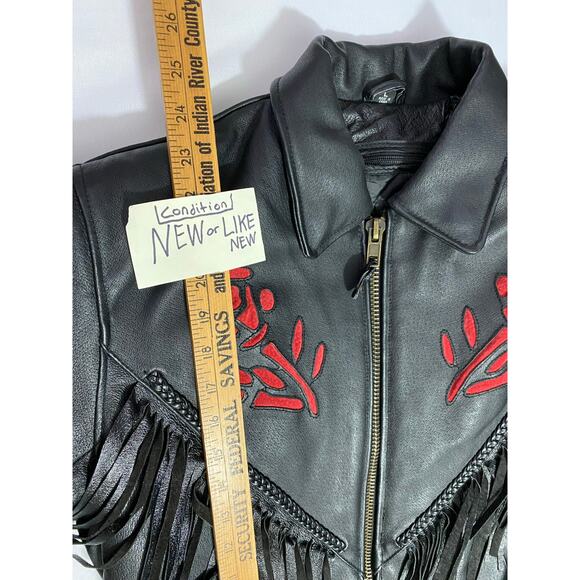 NWOT Women’s Black Fringe Leather Motorcycle Jacket Size Large Rose Inserts - Picture 2 of 15